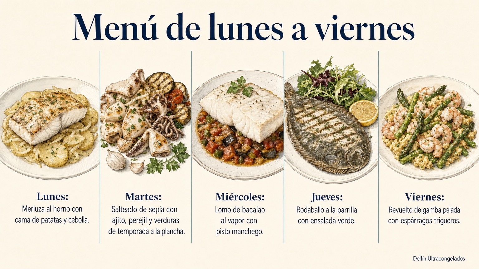 Folha ilustrada com cinco pratos de peixe para um menu semanal de segunda a sexta: pescada assada, choco salteado, bacalhau cozido no vapor, pregado grelhado e mexido de camarão.