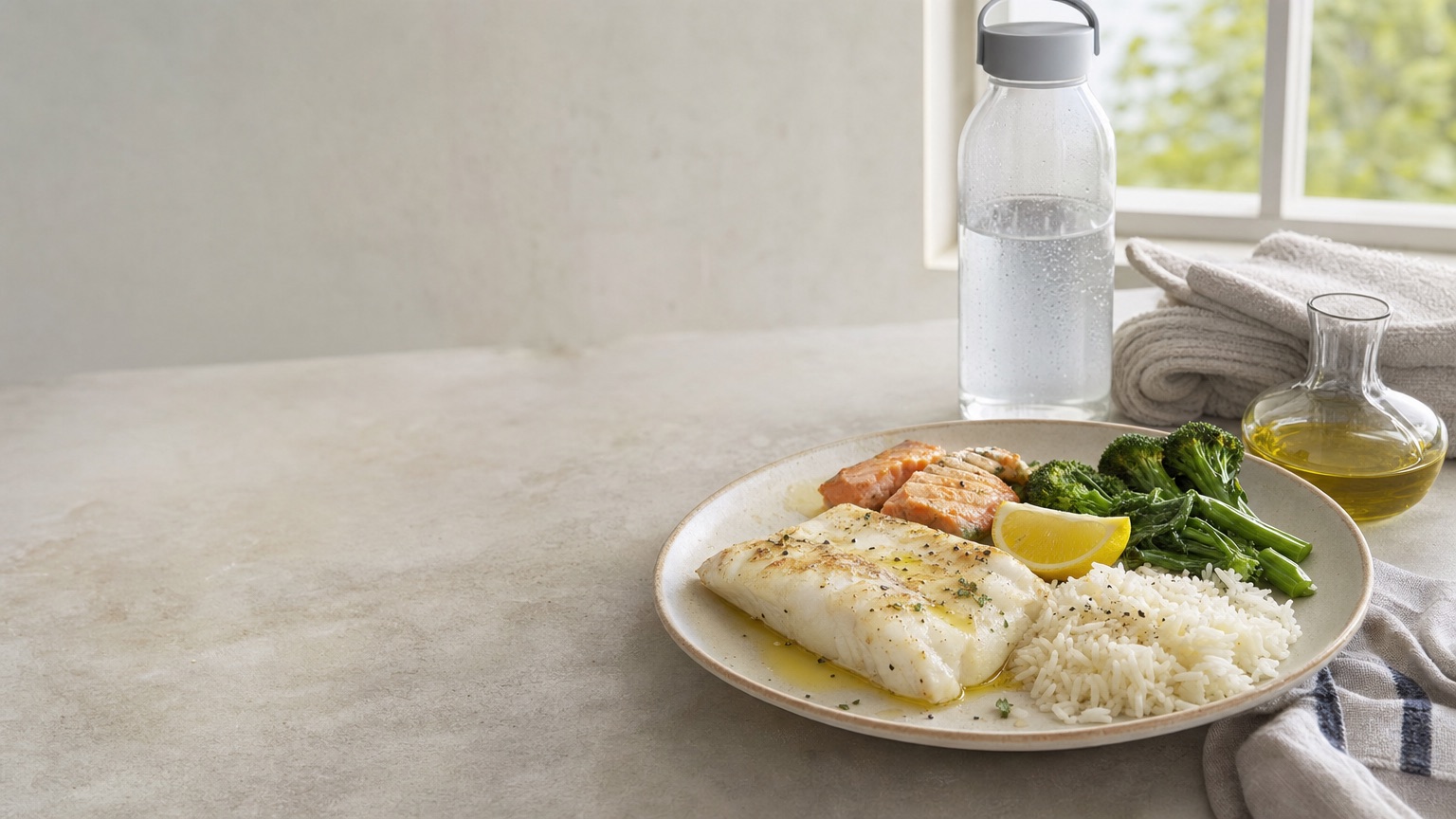 Plato de pescado blanco y salmón con arroz y brócoli, con una botella de agua y una toalla de entrenamiento al fondo