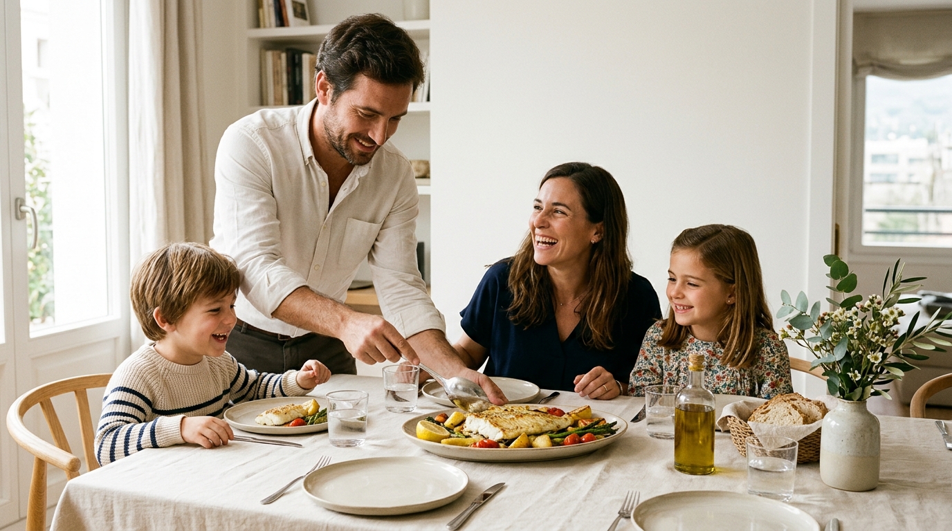Family at the table at home: the father serves baked hake to his son while the mother and daughter smile