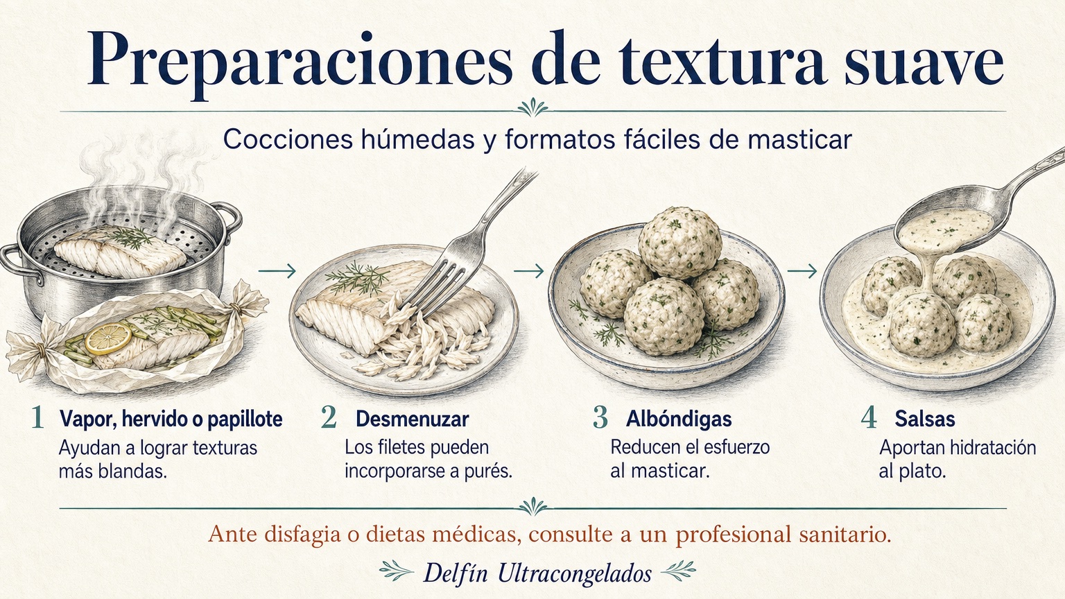Infografía con formas de preparar pescado blando mediante vapor, desmenuzado, albóndigas y salsas
