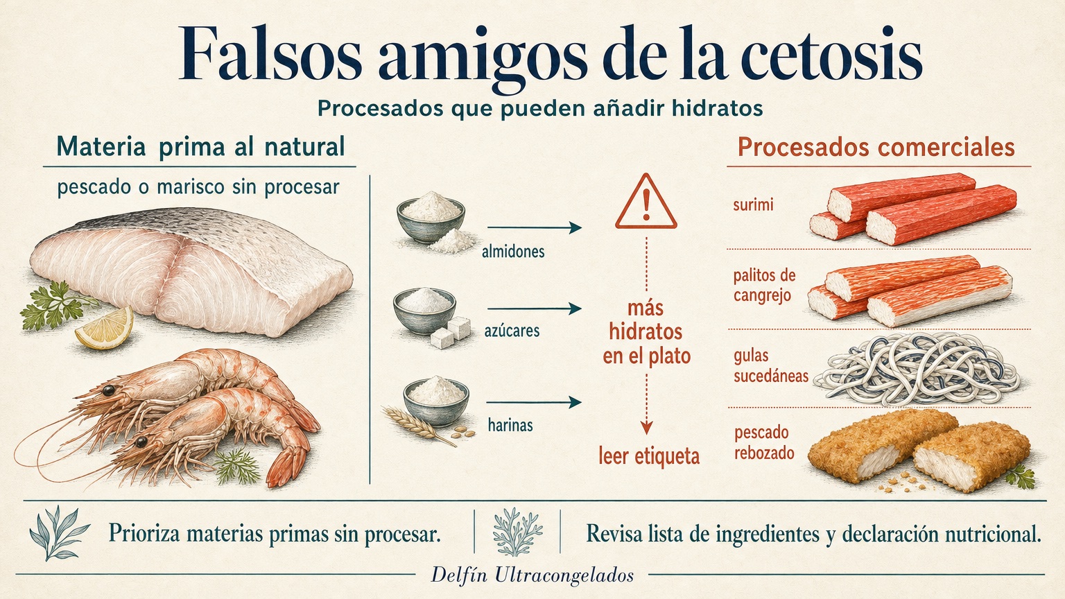 Ilustración que compara pescado y marisco al natural con surimi, palitos de cangrejo, gulas y pescado rebozado, que pueden llevar almidones, azúcares o harinas