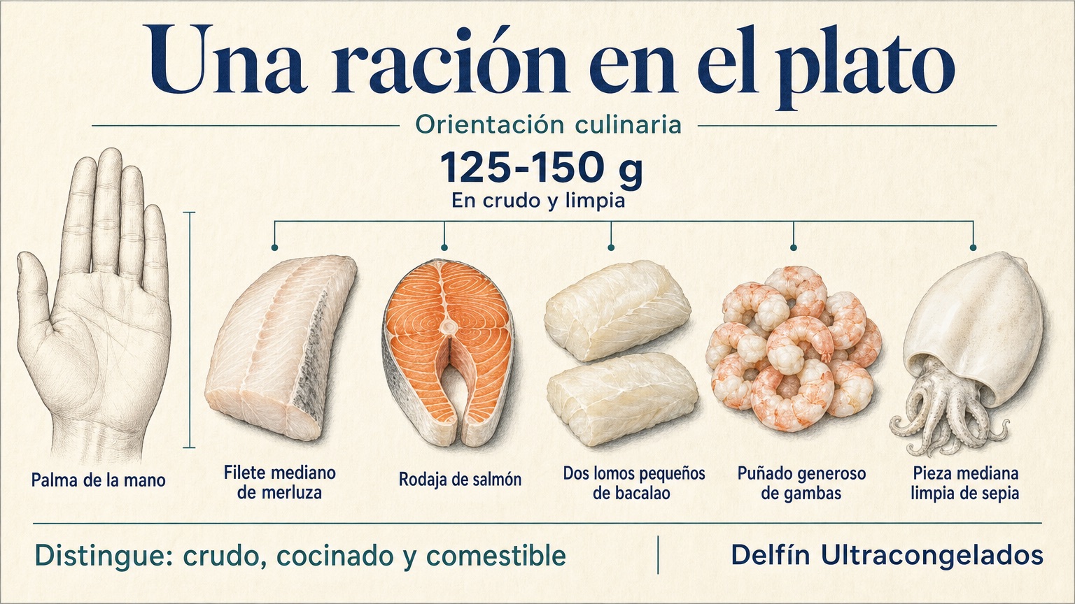 Infográfico de uma porção típica de peixe cru, pesando entre 125 e 150 g: palma da mão, filé de pescada, fatia de salmão, dois lombos de bacalhau, um punhado de camarões e uma lula limpa.